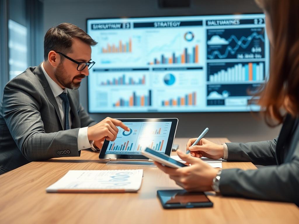 A strategy planning session, featuring a consultant pointing at a digital tablet with graphs and charts, while a client takes notes. The setting is a modern conference room with a large screen displaying strategic data.