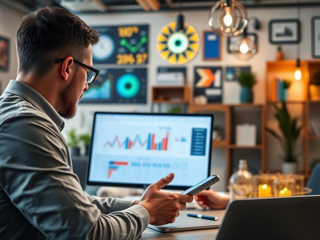 A consultant reviewing performance metrics on a digital dashboard with a client. The background shows a workspace filled with technology and innovation-themed decor.