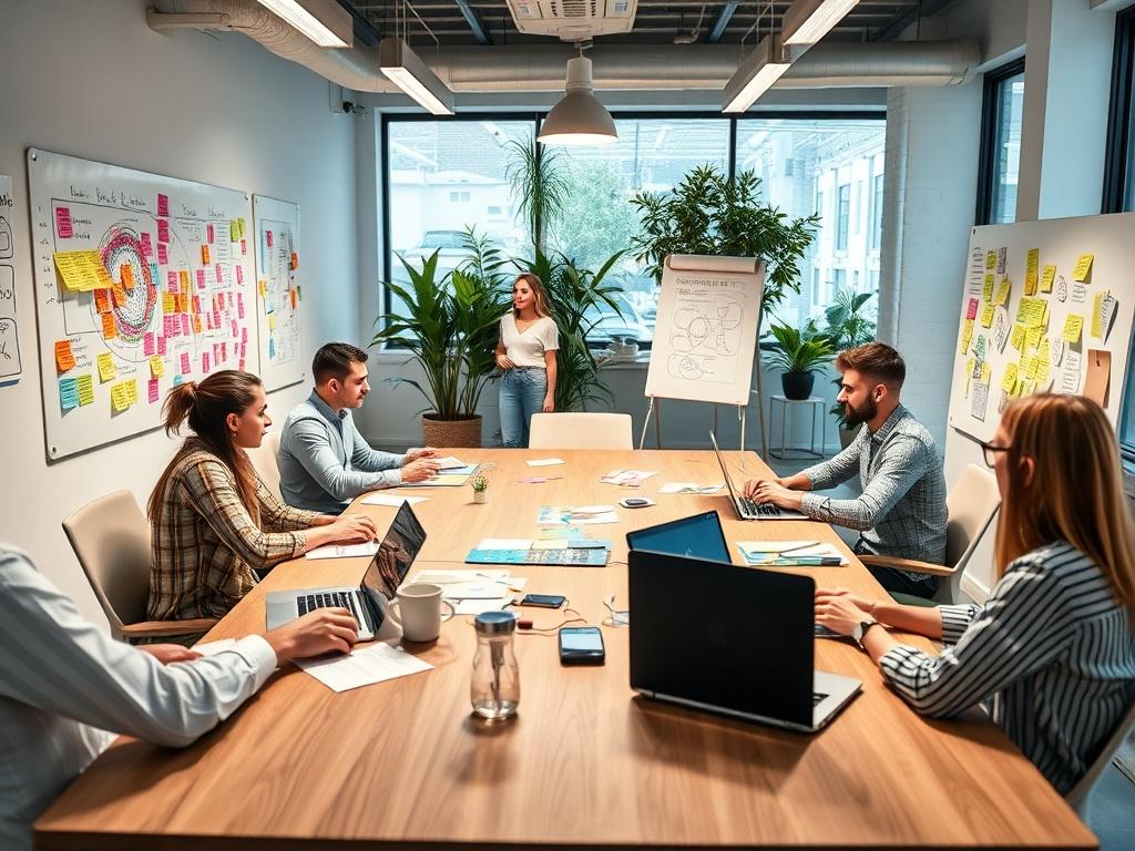 A close-up shot of an innovative workspace featuring a modern conference table surrounded by creative individuals engaged in a brainstorming session. The room is filled with whiteboards covered in colorful post-it notes and diagrams, showcasing the energy of a startup environment. There are laptops open, coffee cups, and a bright, inviting ambiance with plants in the background, all in focus. The primary color theme incorporates rgb(50, 170, 39) for a vibrant and fresh look.