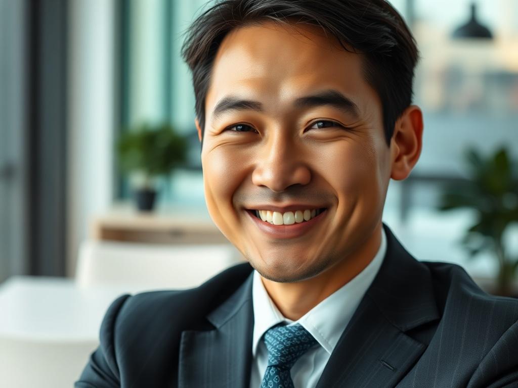 A close-up shot of a professional Asian man in a business suit, smiling confidently. The background is softly blurred to keep the focus on him, showcasing a bright and modern office environment. The color scheme incorporates shades of green to match the brand, with natural light illuminating his face. The image should convey professionalism, success, and approachability.