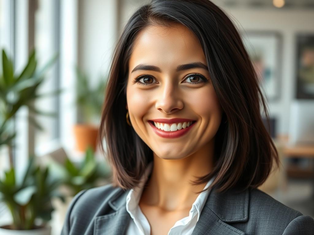 A close-up portrait of a confident woman in her 30s, with shoulder-length dark hair and wearing a smart casual outfit, smiling warmly. The background features a soft-focus office setting with plants and modern decor, conveying a professional yet welcoming atmosphere. The lighting is bright and natural, highlighting her positive demeanor. The image should evoke a sense of trust and professionalism, aligning with the theme of technology consulting.