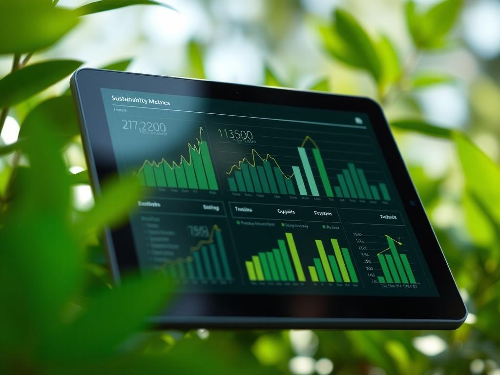 A close-up shot of a digital tablet displaying graphs and charts related to sustainability metrics. The background shows green foliage and a bright, natural light setting, symbolizing the integration of technology and nature. The focus is on the tablet, capturing the details of the screen clearly. The overall composition reflects a sense of innovation and responsibility towards the environment, with a color palette featuring shades of green.