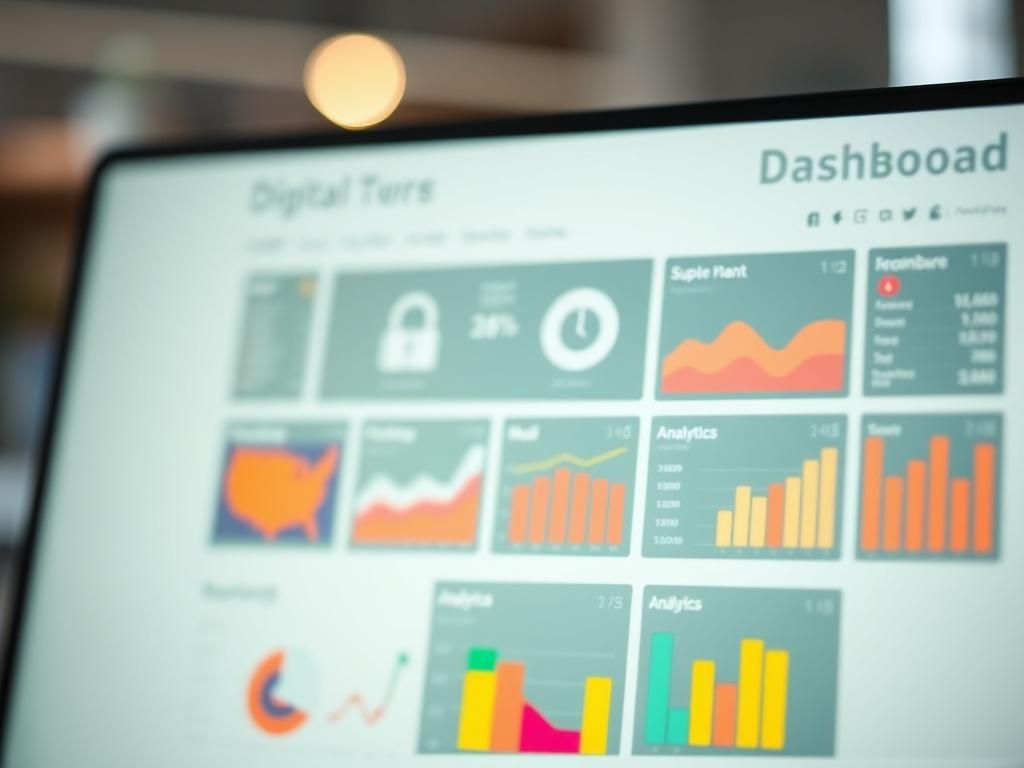 A close-up shot of a computer screen displaying a user-friendly dashboard interface. The dashboard showcases various digital metrics, graphs, and analytics in vibrant colors. The background is softly blurred to highlight the screen, and the lighting is bright yet soft, creating an inviting atmosphere. The image should evoke a sense of ease and accessibility for users looking to engage with technology.