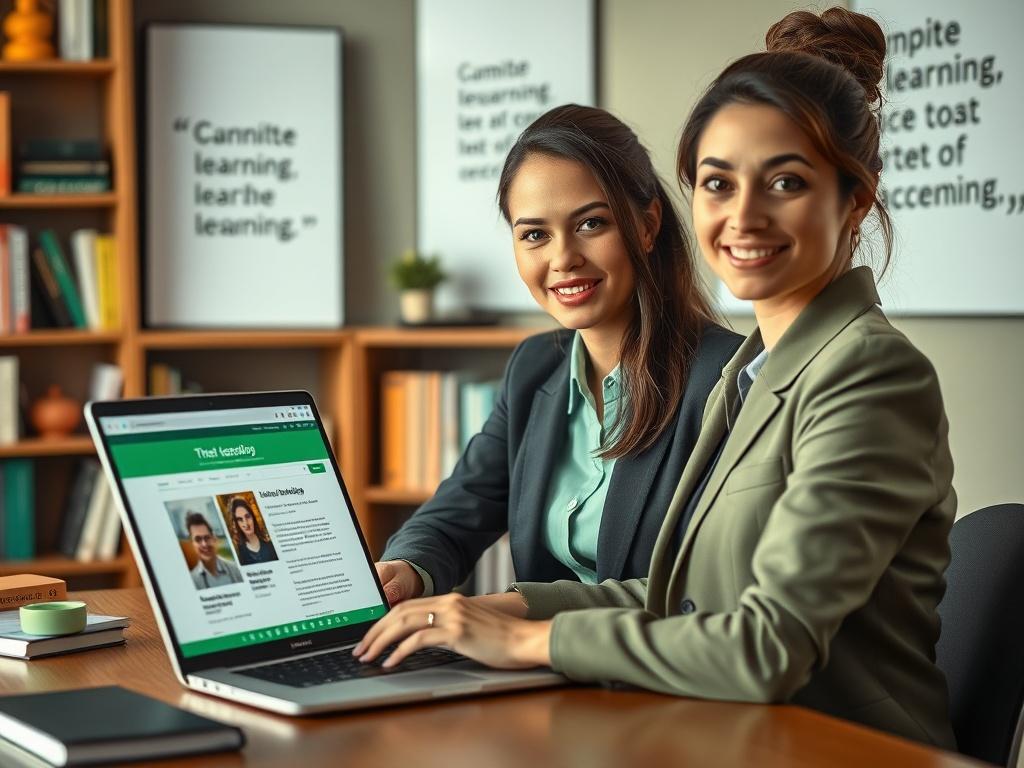 A close-up shot of a confident professional woman sitting at a desk with a laptop, showcasing a digital learning platform on the screen. The background features a bookshelf with technology books and motivational quotes on the wall. The image should be hyper-realistic, with vibrant colors emphasizing the green of the primary color scheme (rgb(50, 170, 39)). The composition should be simple and clear, focusing solely on the subject.