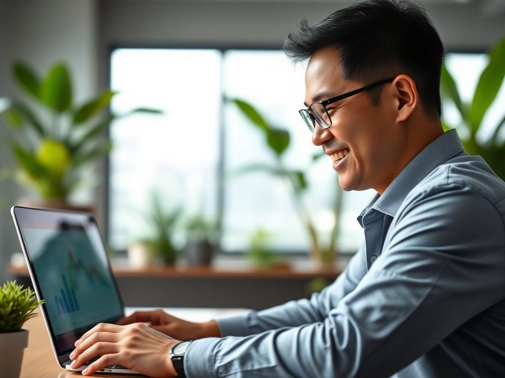 A close-up shot of a Malaysian entrepreneur smiling while reviewing a digital dashboard on a laptop, showcasing a modern workspace with greenery in the background. The lighting is bright and inviting, emphasizing a sense of productivity and innovation, shot with a 45mm f/1.2 lens.