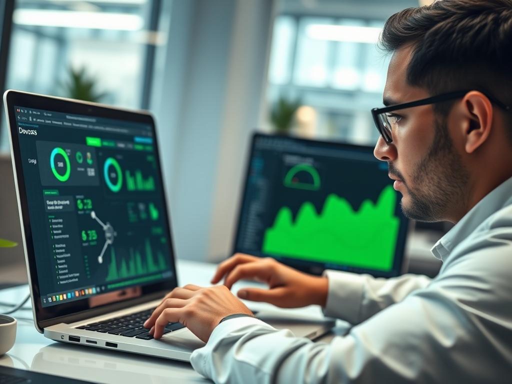 A close-up shot of a professional IT consultant working on a laptop, showcasing a DevOps automation dashboard on the screen. The background is a modern office environment, subtly blurred to emphasize the consultant's focused expression and the vibrant green of the primary color (rgb(50, 170, 39)). The lighting is bright and inviting, highlighting the advanced technology being utilized.