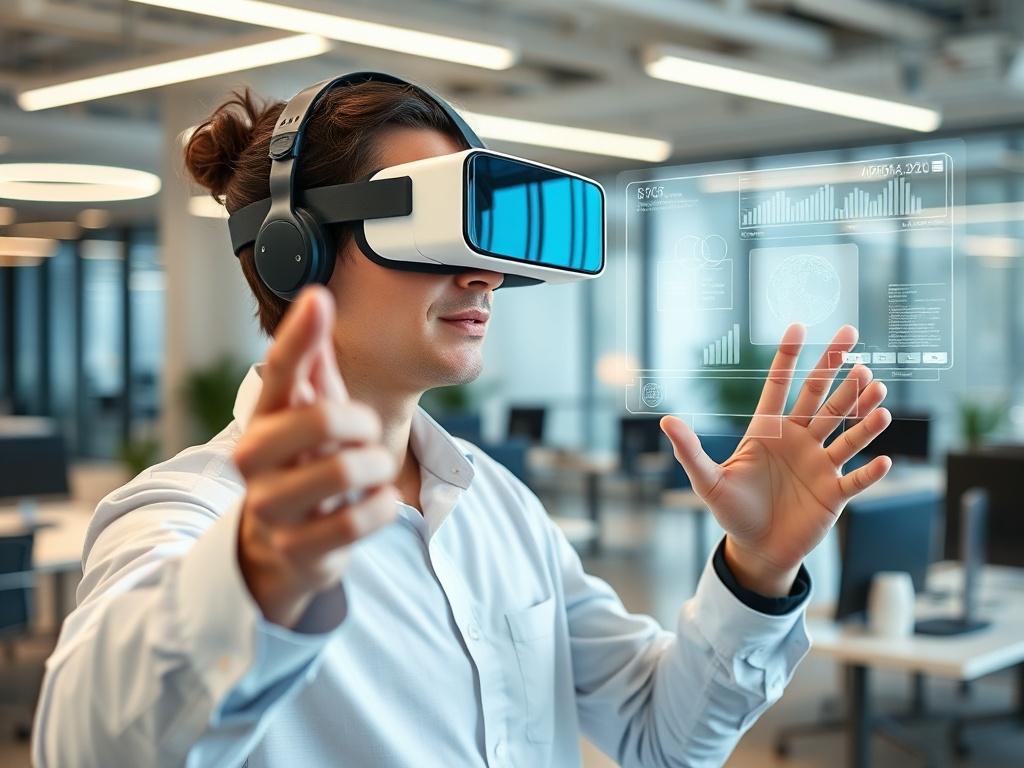 A close-up shot of a professional consultant demonstrating augmented reality (AR) and virtual reality (VR) technology in a modern office setting. The consultant is wearing VR goggles and interacting with a virtual interface, showcasing a digital overlay in the air. The background features sleek office furniture and technology elements, creating an innovative and engaging atmosphere. The lighting is bright and emphasizes the futuristic aspects of the technology.