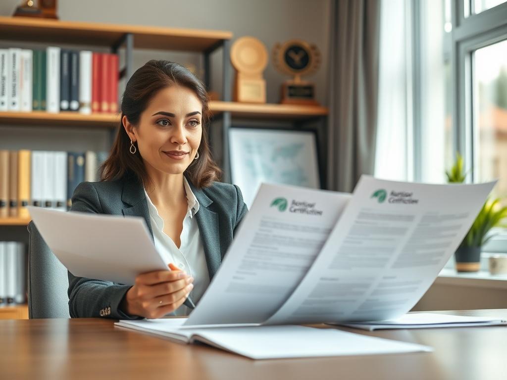 A professional setting featuring a confident businesswoman sitting at a modern desk, reviewing documents related to professional certifications. The background includes shelves filled with books and awards, showcasing achievements. Soft natural light coming through a window illuminates the scene, highlighting the woman’s focused expression. The color palette includes shades of green to reflect the company's primary color, rgb(50, 170, 39). The overall composition is clear and inviting, emphasizing professio