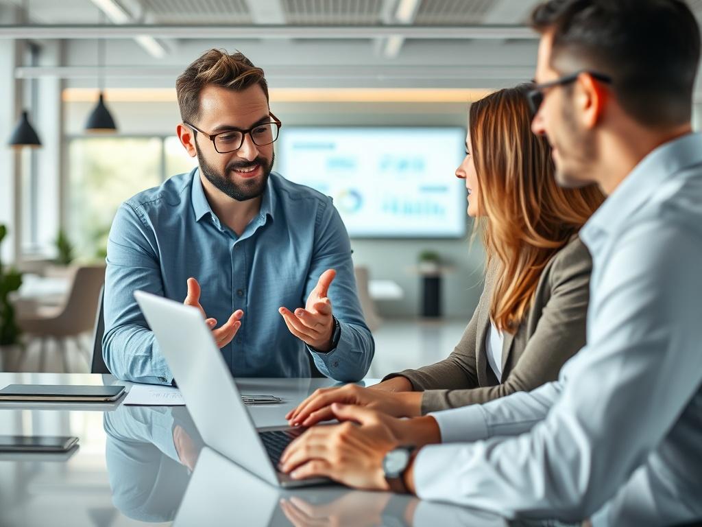 A close-up shot of a professional consultant sitting at a modern office desk, engaging with a client over a laptop. The consultant is explaining a cloud technology strategy using visual aids on the screen. The background features a sleek, tech-inspired office environment with soft natural light and a calming color scheme. The focus is on the consultant's facial expression, conveying confidence and expertise.