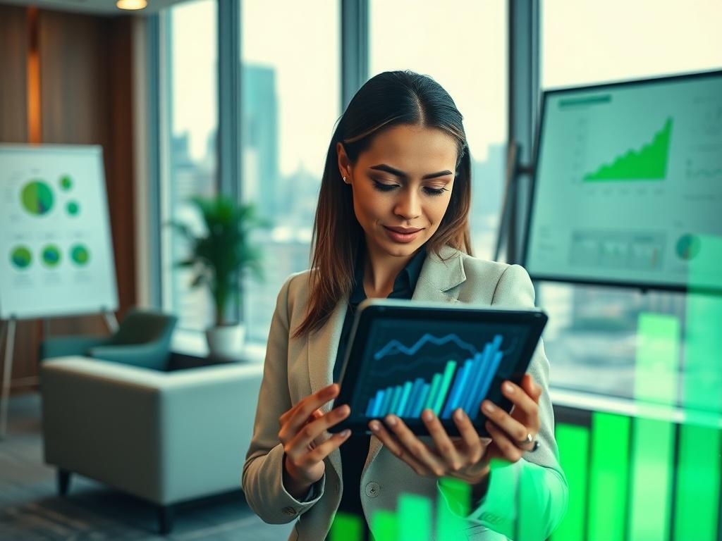 Create a highly realistic high-resolution photo that illustrates the concept of digital transformation for Micro and SME businesses. Focus on a single subject: a modern, diverse businesswoman in a contemporary office setting. She should be intently observing a tablet screen that displays dynamic graphs and data visualizations representing growth and innovation.

The composition should be simple and clear, with the businesswoman centrally framed, conveying a sense of focus and ambition. Her attire should be 