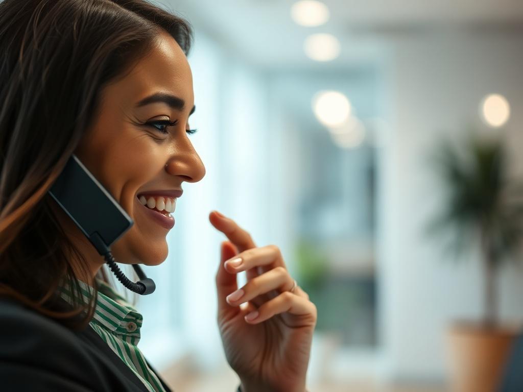 A hyper-realistic close-up shot of a person speaking on the phone, showing a warm smile, engaged in a conversation. The background is softly blurred, revealing a modern office space with soft lighting to create a welcoming atmosphere. The subject is dressed professionally, reflecting a sense of approachability and expertise. The color palette includes shades of green to resonate with the primary color rgb(50, 170, 39).