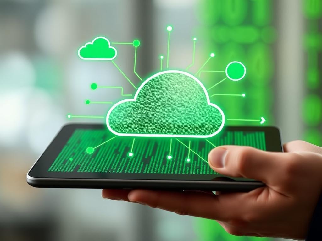 A close-up shot of a modern cloud computing concept displayed on a digital tablet. The tablet is held by a hand, with data streams and virtual clouds illustrated around it. The background is softly blurred, focusing on the vibrant green colors of the data streams, creating a sense of innovation and technology. The image reflects a hyper-realistic style, shot with a 45mm f/1.2 lens.