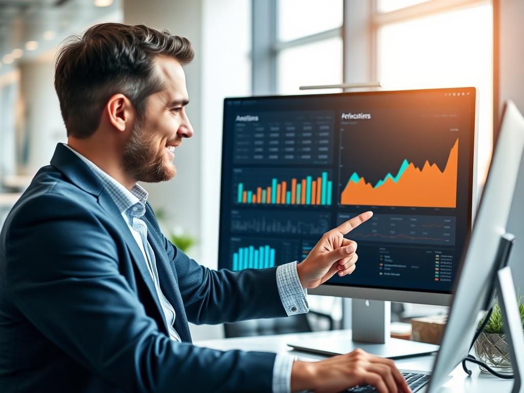 A close-up shot of a consultant reviewing performance metrics with a client using a digital dashboard. The setting is a modern office space with analytical charts displayed on a screen. The consultant points to positive trends, and the client appears pleased. The image illustrates success and analytics.