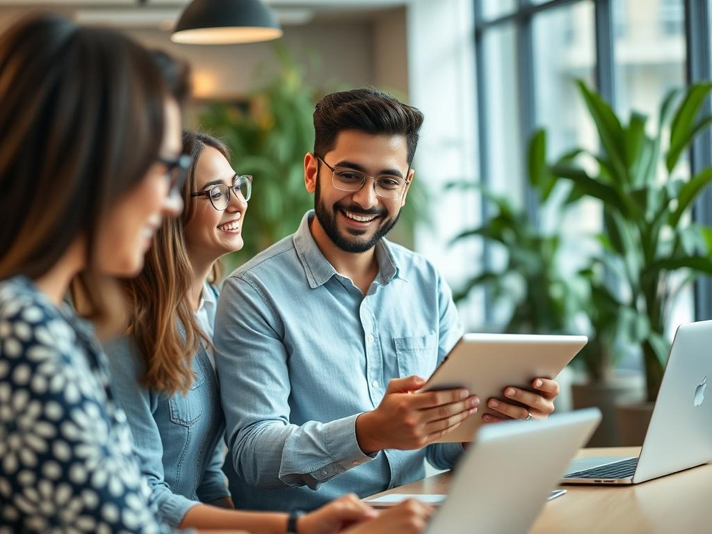 A close-up shot of a diverse group of young professionals collaborating at a modern office workspace. The focus is on a smiling individual presenting ideas on a digital tablet, surrounded by engaged colleagues. The environment is bright and inviting, showcasing technology tools and a collaborative atmosphere. The background features a stylish, open-plan office design with greenery and natural light. Captured with a 45mm f/1.2 lens, ensuring clarity and a soft-focus effect on the background.