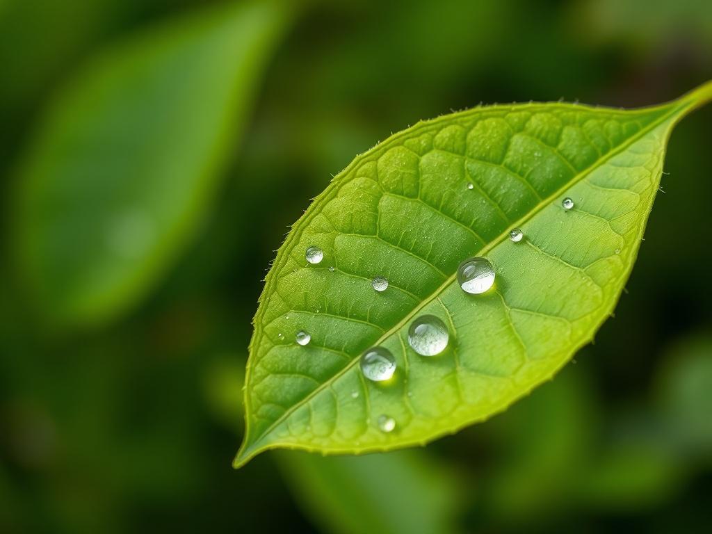 A high-resolution close-up shot of a lush green leaf with dewdrops, symbolizing sustainability and nature. The leaf should be in sharp focus against a blurred natural background, capturing the essence of environmental consciousness. The image should have a vibrant green color palette compatible with rgb(50, 170, 39). The composition should be simple and clear, emphasizing the beauty of nature and the importance of sustainability.