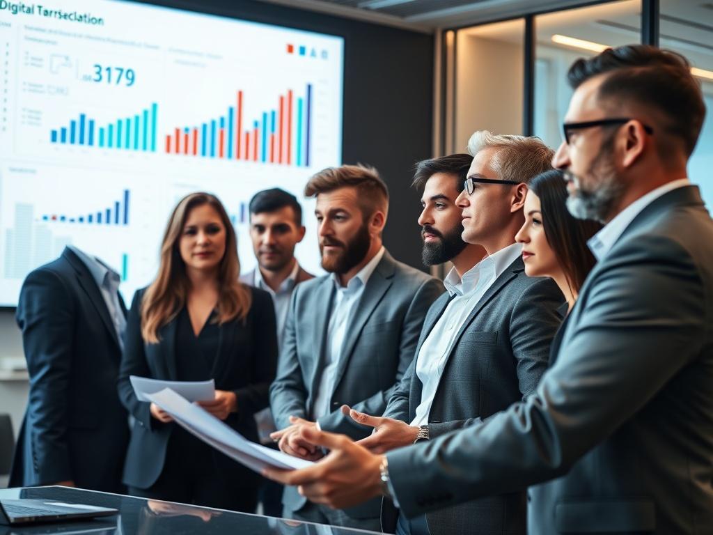 A focused close-up shot of a diverse team of consultants discussing a digital transformation strategy. The setting is a modern office with a sleek design, featuring a large screen displaying graphs and data. The team members are engaged in active discussion, showcasing a collaborative atmosphere. The primary color of the image should reflect rgb(50, 170, 39), creating a vibrant and professional look.