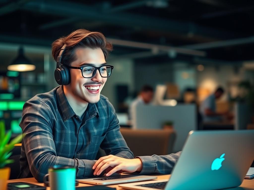 A close-up shot of a young, enthusiastic professional in a modern office environment, looking at a laptop with a bright smile, surrounded by tech gadgets and a vibrant workspace. The background should be softly blurred, emphasizing the subject. The image should reflect an atmosphere of innovation and teamwork, with elements of green to complement the brand's primary color.