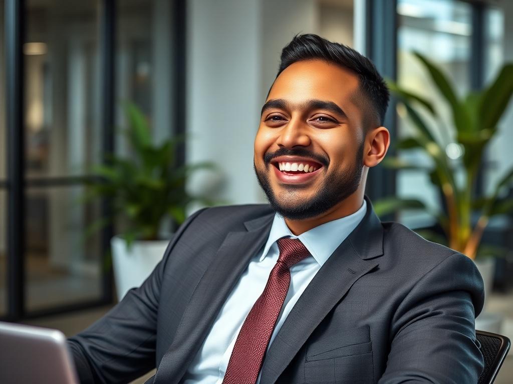 A confident business professional in a modern office environment, showcasing a joyful expression. The subject, Brandon Muslim, is wearing a sharp business suit, sitting at a sleek desk with a laptop and a plant in the background. The lighting is bright, highlighting Brandon's enthusiasm for his work and the positive impact of KNW Technology Consulting. The overall atmosphere conveys professionalism and innovation.