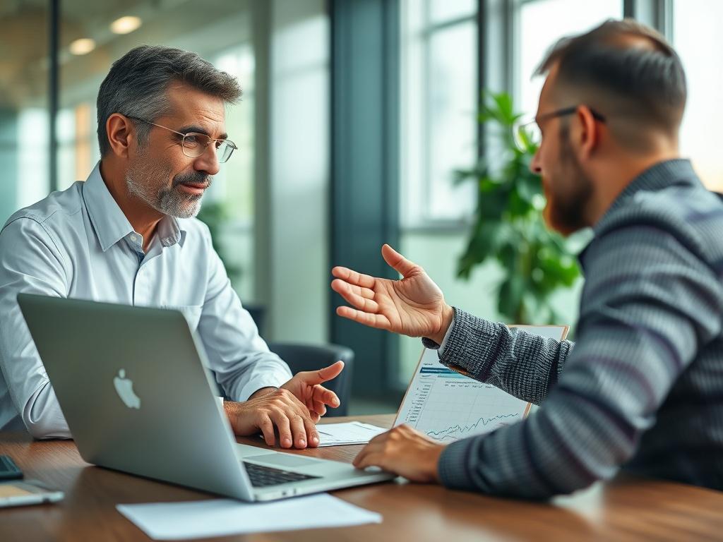 A close-up shot of a professional consultant discussing digital transformation strategies with a small business owner. The setting is a modern office with a laptop open on the table, showing graphs and digital tools. The consultant is gesturing towards the laptop, conveying enthusiasm and clarity. The background is softly blurred, keeping the focus on the interaction. The image should have vibrant green tones, compatible with the rgb(50, 170, 39) primary color.