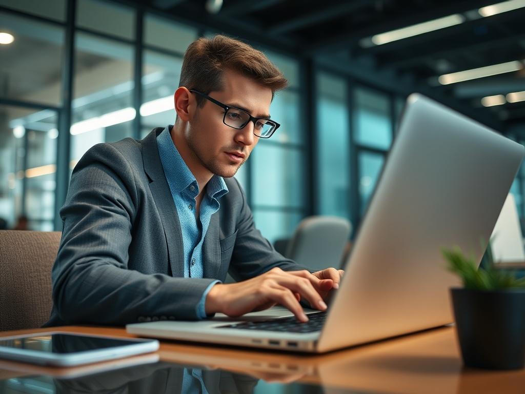 A hyper-realistic close-up shot of a professional consultant working on a laptop, analyzing AI model data. The background features a modern office with soft lighting, showcasing a sleek work environment. The consultant is focused, with data visualizations displayed on the laptop screen. The primary color scheme includes shades of green, specifically rgb(50, 170, 39), to create a vibrant and engaging atmosphere.