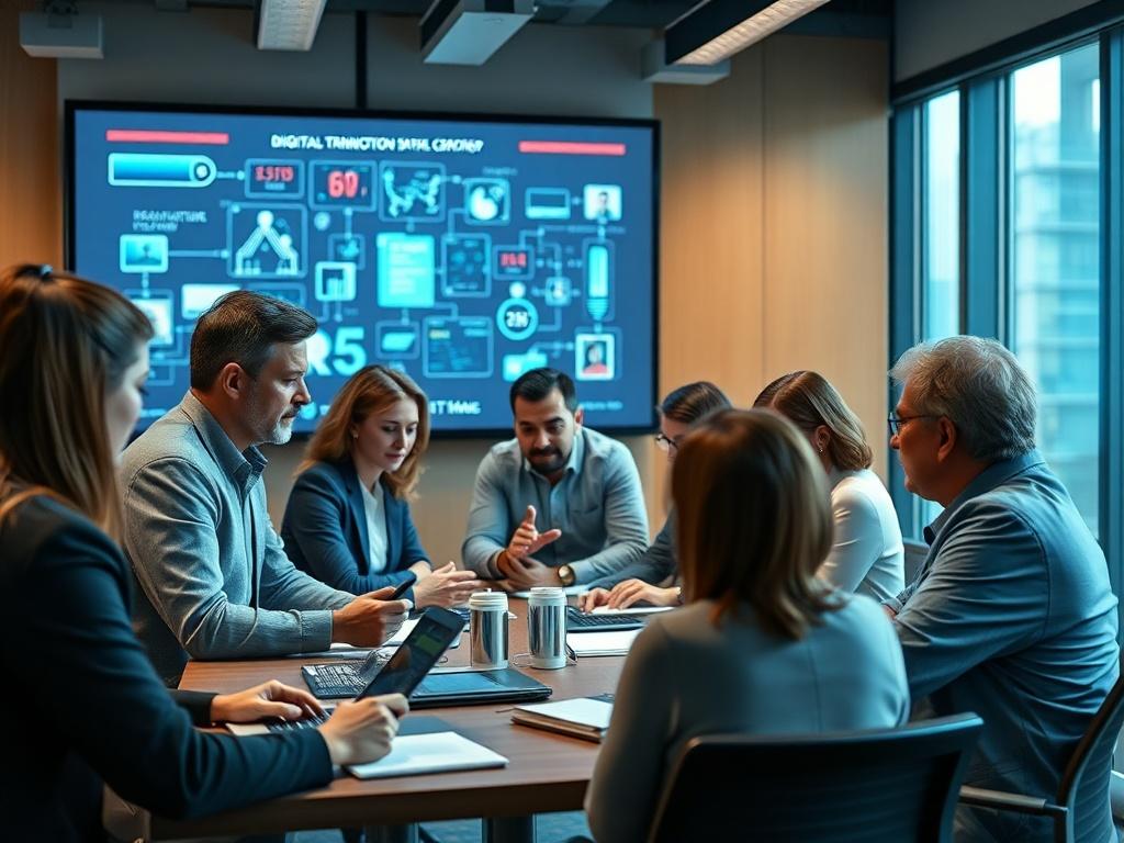 A professional setting where a diverse group of business leaders and team members engage in a digital transformation workshop. The scene features a modern conference room with a large screen displaying digital technology concepts. Participants are actively discussing, with some taking notes and others interacting with digital devices. The atmosphere is collaborative and focused, showcasing a blend of technology and teamwork in a high-resolution, hyper-realistic style, shot with a 45mm f/1.2 lens.
