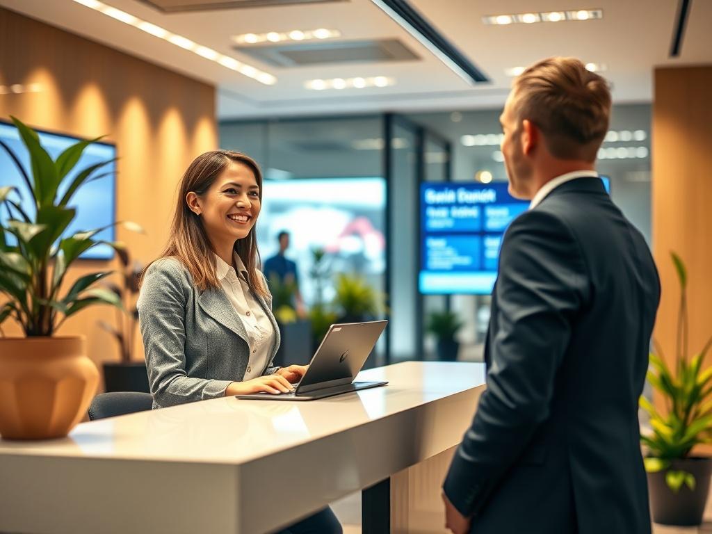 A close-up shot of a friendly front office staff member welcoming a visitor at a modern office reception area. The staff is smiling, wearing professional attire, and standing behind a sleek reception desk. The background features a bright, contemporary office design with plants and digital screens displaying company information. The lighting is warm, creating an inviting atmosphere. The image should focus on the staff member engaging with the visitor, reflecting a sense of professionalism and approachabilit