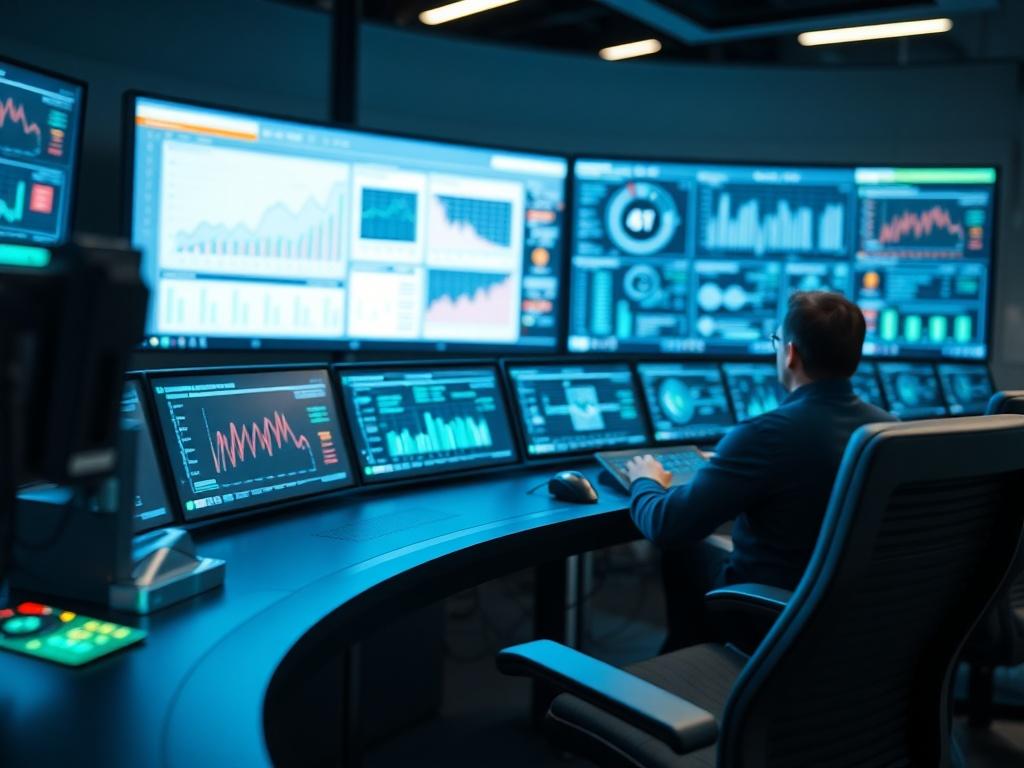 A close-up shot of a modern supply chain control room, showcasing advanced technology with screens displaying real-time analytics and data. The setting is sleek and futuristic, emphasizing digital integration and automation. The image should have a hyper-realistic style, focusing on a single subject – the control center with multiple screens. The background should be slightly blurred to enhance focus on the technology in the foreground, with a color palette that harmonizes with rgb(50, 170, 39).