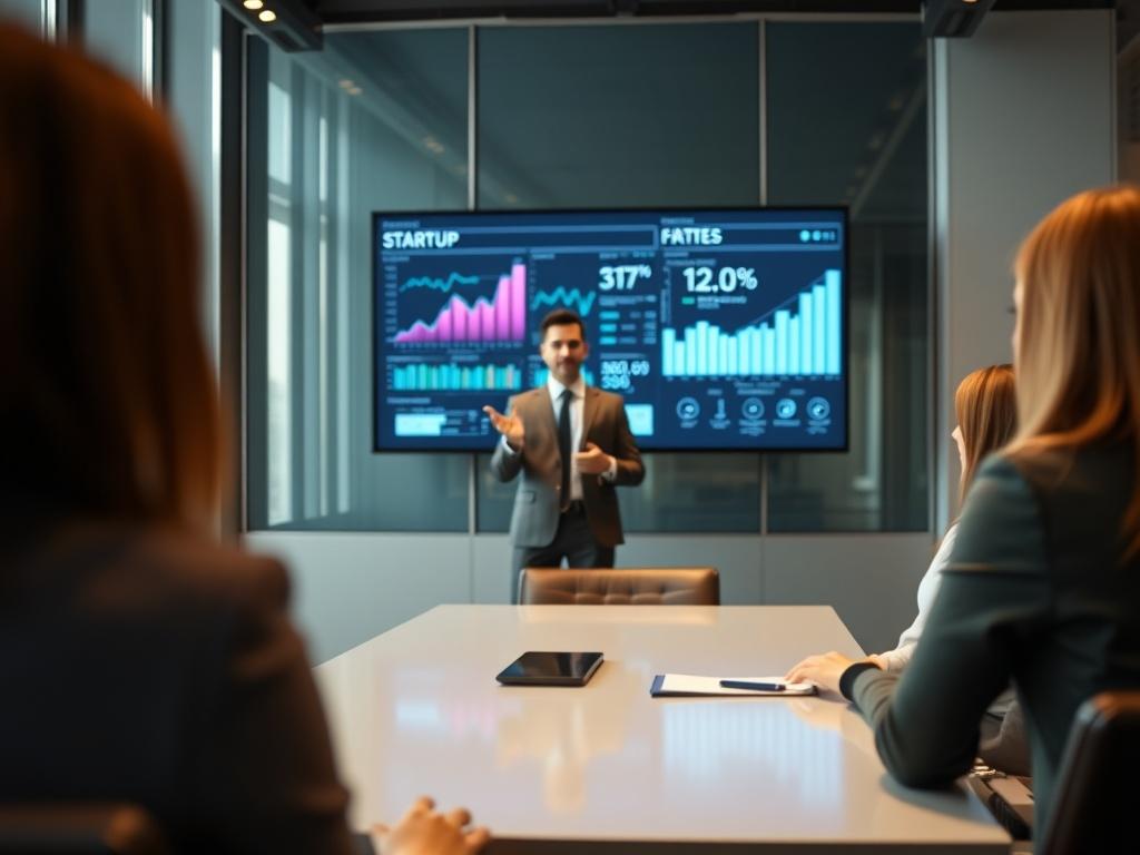 A close-up shot of a confident business professional presenting an investor pitch in a modern office setting. The individual is standing in front of a large screen displaying graphs and data, highlighting their startup's potential. The background is subtly blurred to focus on the speaker, with a sleek conference table and chairs visible. The lighting is bright and professional, setting an engaging atmosphere for networking.