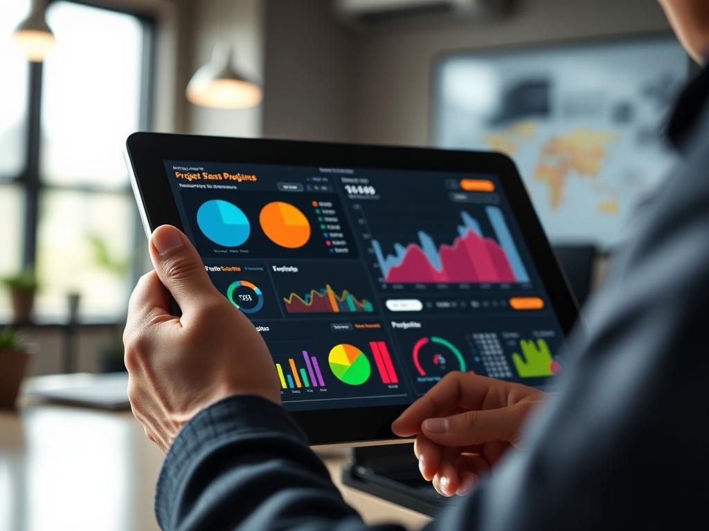 A close-up shot of a person using a digital tablet to track their progress on a project. The tablet screen displays colorful graphs and charts, indicating various metrics and progress updates. The person is attentively focused on the screen, with a background that suggests a modern and professional workspace. The lighting is bright and inviting, highlighting the interaction with technology.