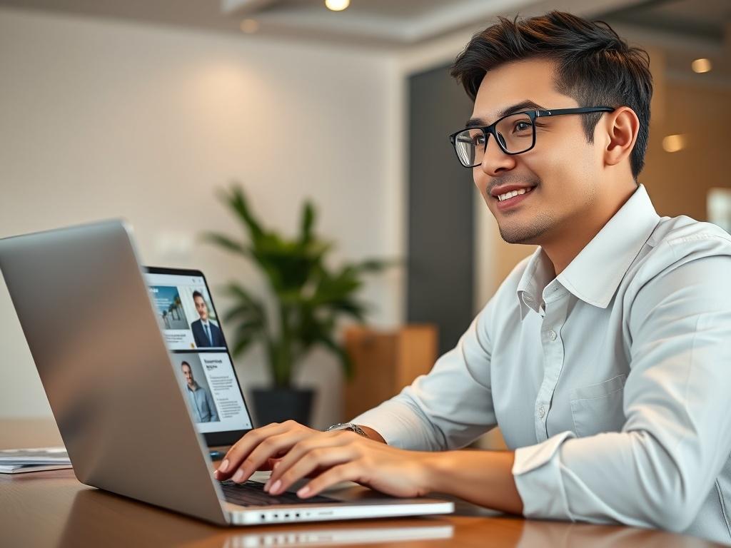 A close-up shot of a professional consultant sitting at a desk, engaging in a video call with a client. The consultant is wearing a business casual outfit and has a laptop open in front of them, displaying a digital presentation. The background is a modern office with soft lighting and a plant visible. The focus is on the consultant's facial expression, showcasing attentiveness and enthusiasm.