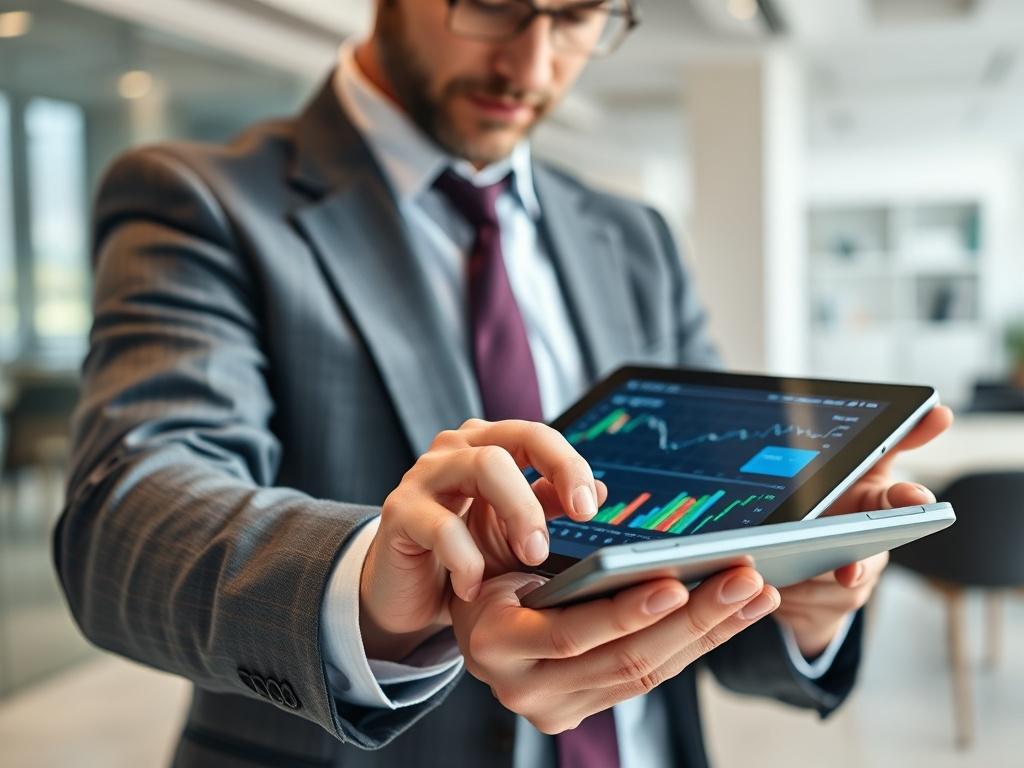 A close-up shot of a financial analyst reviewing graphs and charts on a digital tablet, set against a clean, modern office background. The analyst is focused, wearing professional attire, and the tablet displays colorful financial data visualizations. The composition should highlight the interaction between the analyst and the digital device, emphasizing a sense of professionalism and precision.