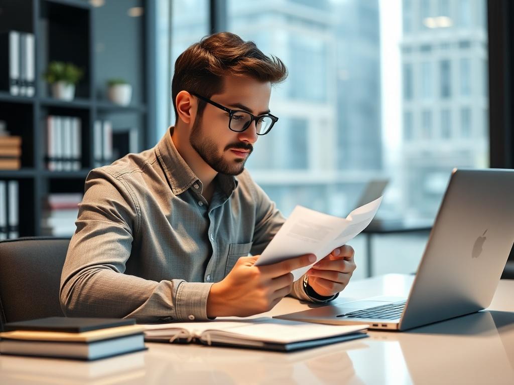 A close-up shot of an entrepreneur sitting at a sleek, modern desk, focused on preparing a pitch for venture capital funding. The background is softly blurred, showcasing business-related books and a laptop. The entrepreneur is reviewing notes and has a confident expression, symbolizing readiness and determination. The image should be vibrant and professional, capturing the essence of ambition and preparation in a startup environment.