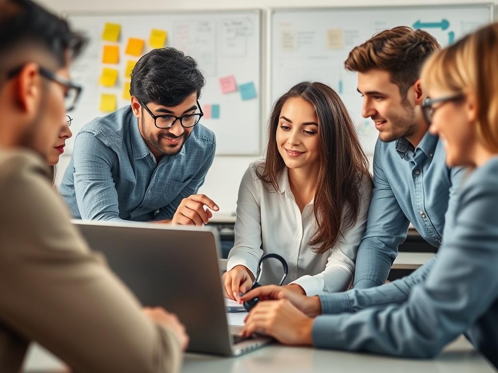 A high-resolution close-up shot of a diverse team of professionals brainstorming around a laptop in a modern office environment. The focus is on a young woman pointing at a digital strategy presentation on the screen. The background features elements of a creative workspace, such as whiteboards with sticky notes and charts. The color scheme includes hints of the primary color rgb(50, 170, 39), creating an inspiring and innovative atmosphere.
