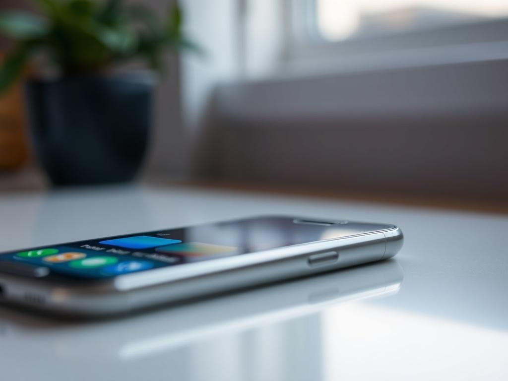 A close-up shot of a mobile app prototype displayed on a smartphone, showcasing a sleek user interface with vibrant colors. The background is softly blurred, emphasizing the phone and the app screen. The composition should be simple and clear, capturing the essence of modern technology and innovation. The setting should have a clean, professional look, compatible with the primary color rgb(50, 170, 39).