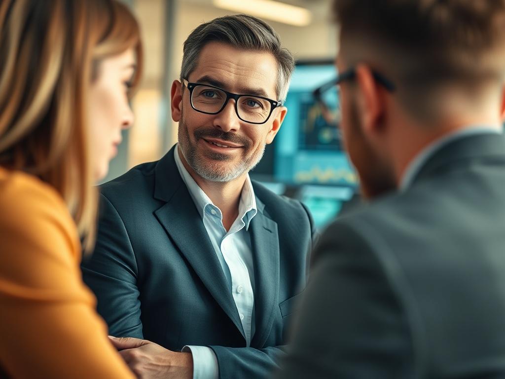 A close-up shot of a confident business consultant engaged in a discussion with a client. The consultant is dressed in professional attire, showcasing a modern office background with technology elements like laptops and digital screens. The lighting is warm and inviting, emphasizing a collaborative atmosphere. The focus is on the consultant's expression that conveys insight and expertise, with a blurred background to maintain attention on the subject.