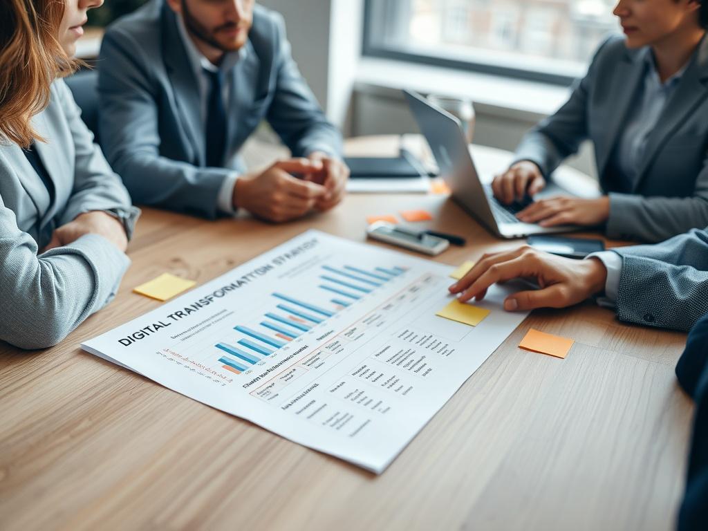 A close-up of a digital transformation strategy document on a table, surrounded by professionals brainstorming. The document features graphs, timelines, and action items. The team is engaged in discussion, with sticky notes and laptops scattered around, symbolizing a creative and collaborative environment. The background is softly blurred to emphasize the document and the teamwork involved.