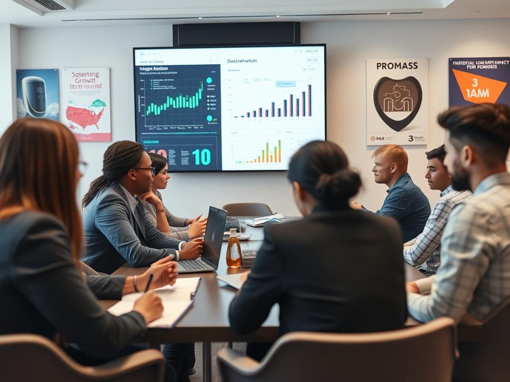 A high-resolution close-up of a group of diverse professionals engaged in a digital transformation workshop. The scene shows a modern conference room with a large screen displaying data analytics. Participants are discussing strategies, taking notes, and using laptops. The atmosphere is collaborative and focused, highlighting innovation in action. The background features sleek furniture and inspirational posters related to technology and growth.