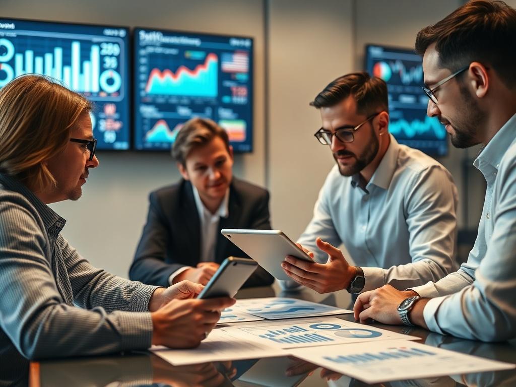 A compelling close-up shot of a business team analyzing digital solutions for a legacy enterprise. The image captures a meeting room with charts and graphs on the table, showcasing progress in digital transformation. Team members are looking at a tablet, discussing their findings. The background includes digital screens displaying key performance indicators, emphasizing the blend of traditional and modern business strategies.