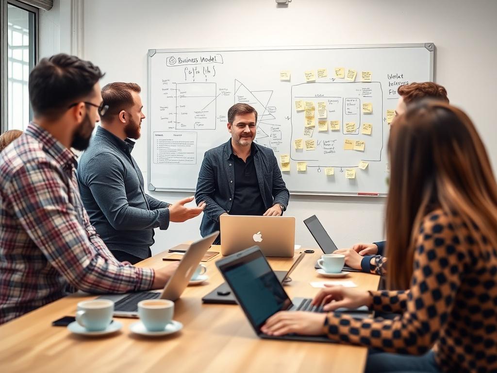 A realistic high-resolution image of a consulting session in progress at a startup factory. The focus is on a consultant explaining a business model to a group of eager entrepreneurs. The background features a whiteboard filled with diagrams and post-it notes. Participants are actively engaging, with laptops open and coffee cups on the table. The setting is bright and modern, reflecting a creative and energetic atmosphere.