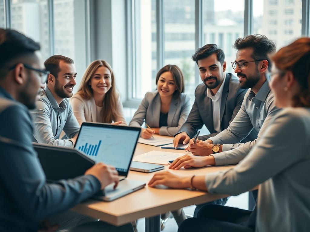 A close-up shot of a professional training session in a modern office setting. The image should feature a diverse group of engaged participants sitting around a table, actively discussing and collaborating on digital transformation strategies. A laptop with graphs and charts should be visible on the table, emphasizing the tech-focused nature of the training. The background should be bright and inviting, with soft natural light coming through large windows, creating a productive and inspiring atmosphere.
