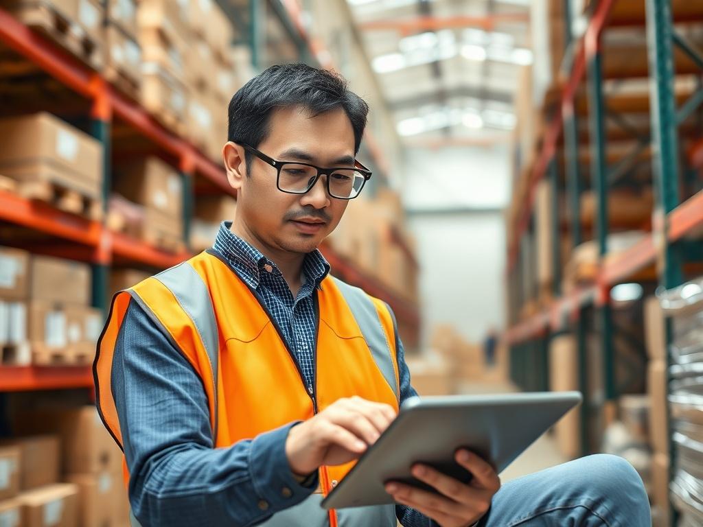 Create a realistic high-resolution photo of a logistics manager analyzing supply chain data on a tablet in a warehouse setting. The image should focus on the manager, a middle-aged Asian male, wearing a safety vest and glasses, surrounded by boxes and pallets. The background should show organized shelves and a clear view of the warehouse. The lighting is bright and natural, emphasizing the professional environment.