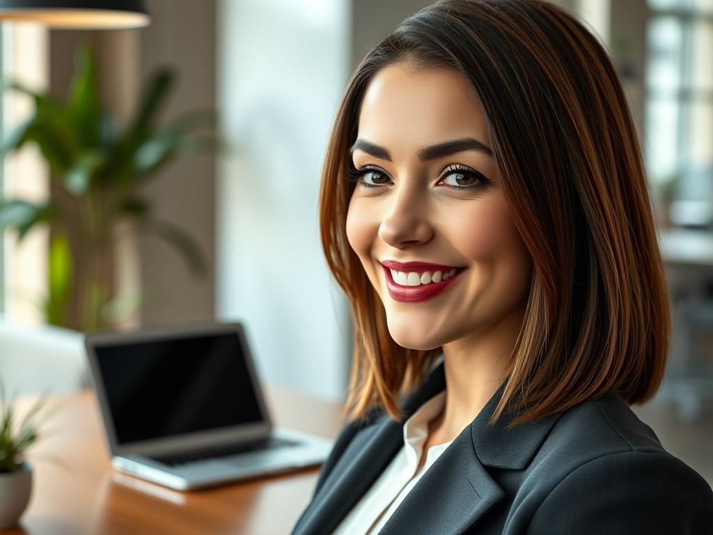 A close-up shot of a professional woman in a modern office environment, smiling confidently. She has shoulder-length brown hair and is wearing a stylish business attire. The background features a sleek desk with a laptop and some greenery, creating a vibrant and inviting atmosphere. The colors in the image are rich and warm, with a focus on the RGB color scheme of rgb(50, 170, 39). The composition is simple, highlighting the woman's expression and professionalism.