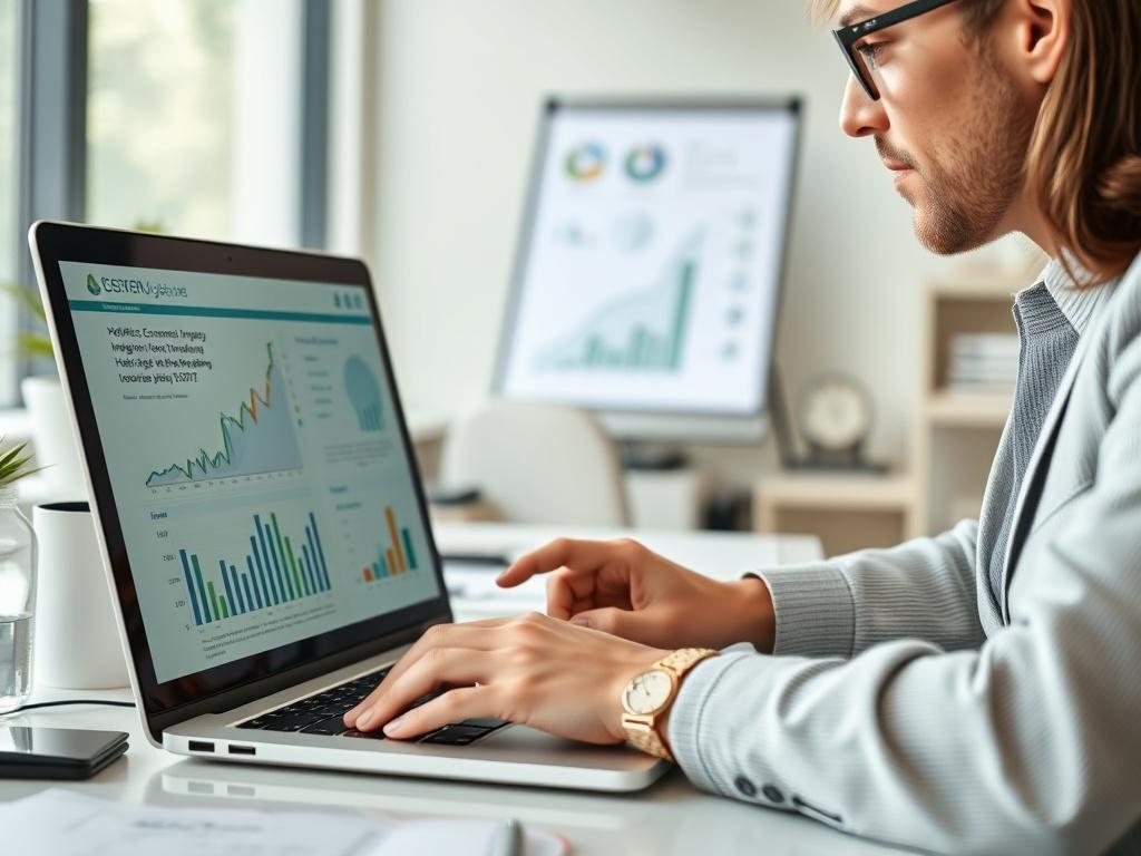 A close-up shot of a professional consultant analyzing data on a laptop, with graphs and charts displayed on the screen. The setting is a modern office with a clean and organized desk. Natural light illuminates the workspace, highlighting the consultant's focused expression as they work on the Holistic Economic Impact Report. The background features soft green tones to reflect the primary color rgb(50, 170, 39).