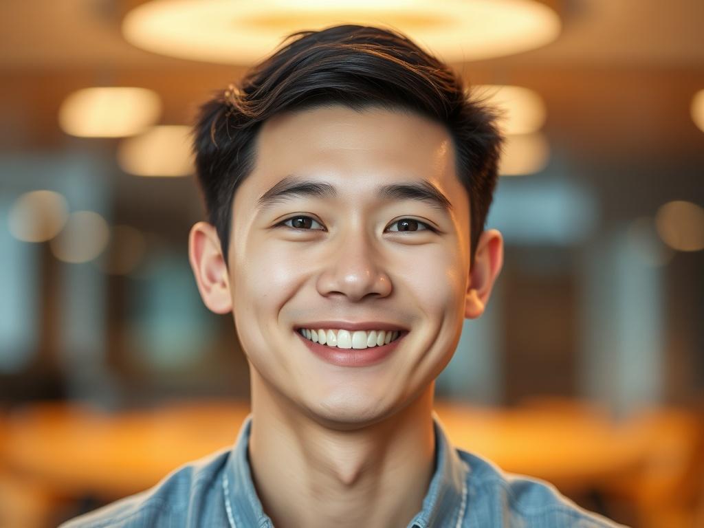 A close-up portrait of a happy young Asian male professional, Marcus Tan Jun Hao, smiling confidently. He has short, neatly styled black hair and wears a smart casual shirt. The background is softly blurred, emphasizing his positive expression. The lighting is warm and inviting, creating a sense of approachability and professionalism. The image should be vibrant, capturing the essence of success and satisfaction in a work environment.