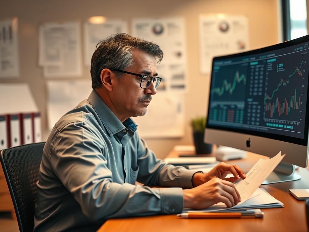 A professional office setting featuring a single individual working diligently at a desk, surrounded by organized paperwork and a computer displaying graphs and financial data. The person, a middle-aged professional with glasses, is focused on their tasks, embodying a sense of dedication and efficiency. The background should be subtly blurred to emphasize the subject, with warm lighting that conveys a productive atmosphere, all while harmonizing with a primary color palette of rgb(50, 170, 39).