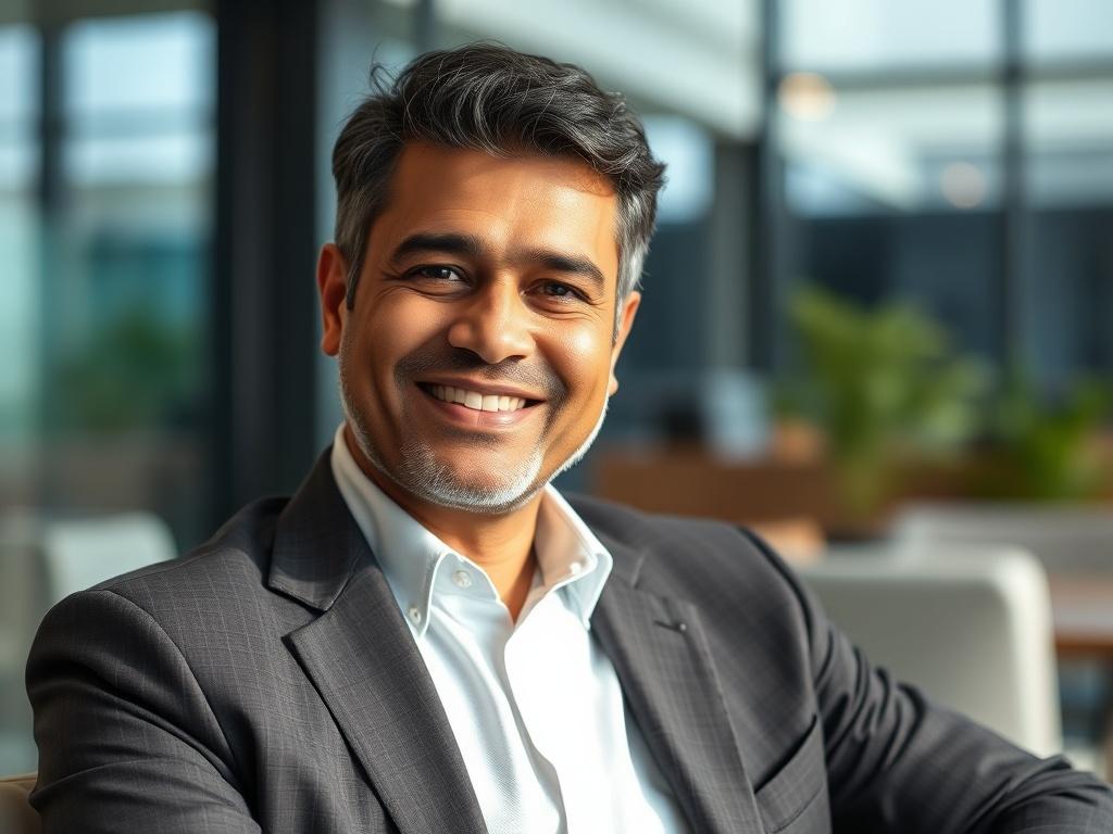 A close-up shot of a satisfied client, Amit Anand, providing a testimonial about KNW Technology Consulting. He is a middle-aged man with a warm smile, sitting in a modern office environment. The background should be slightly blurred to emphasize his expression and the feeling of professionalism. The lighting is bright and inviting, creating an atmosphere of success and satisfaction. He wears business casual attire, reflecting a comfortable yet professional look.