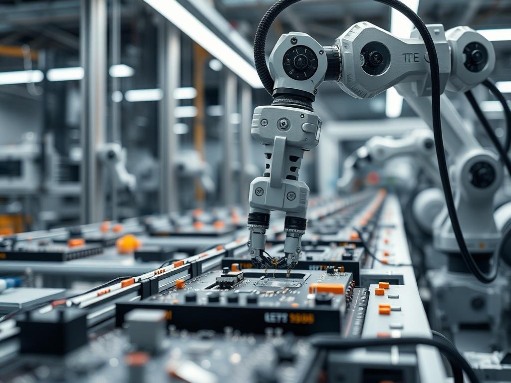 A hyper-realistic close-up shot of an industrial automation setup in a micro factory. The image should feature a robotic arm assembling small electronic components on a production line. The background should be slightly blurred to emphasize the robotic arm and the intricate details of the assembly process. The lighting should be bright and focused, showcasing the modern technology and precision involved in micro factory automation.