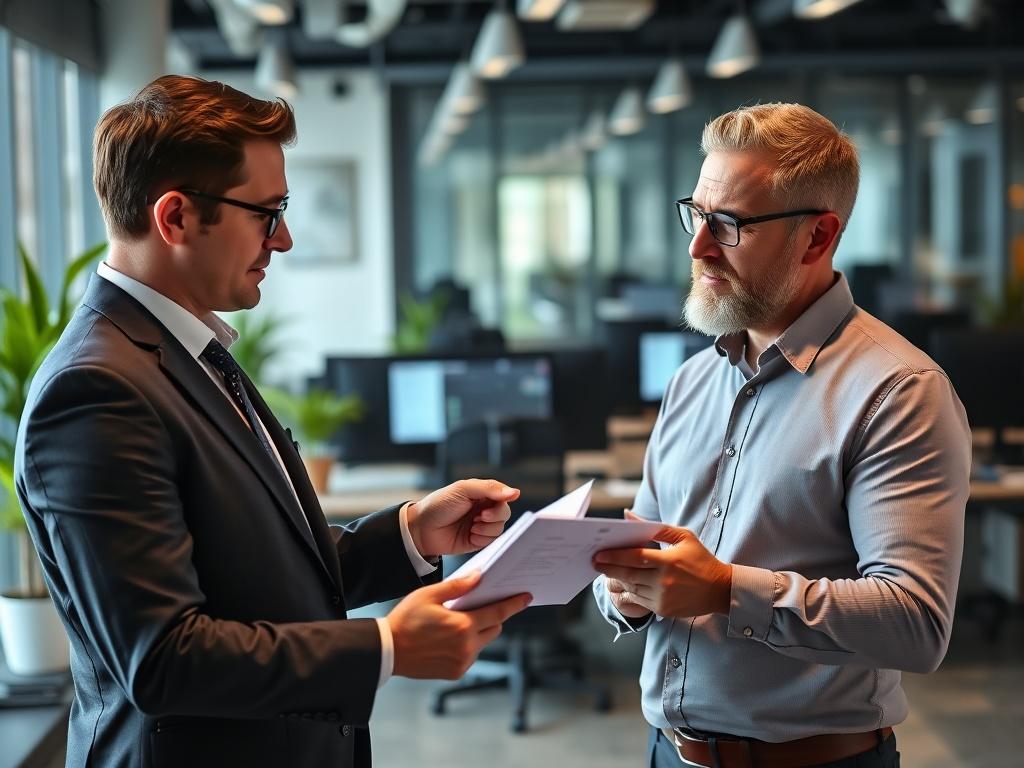 A close-up shot of a professional consultant discussing cyber insurance options with a business owner in a modern office setting. The consultant is showing documents on a tablet while the business owner listens attentively. The background features a sleek office design with computer screens, plants, and a hint of natural light. The photo should have a hyper-realistic quality, showcasing details and expressions clearly, shot with a 45mm f/1.2 lens.