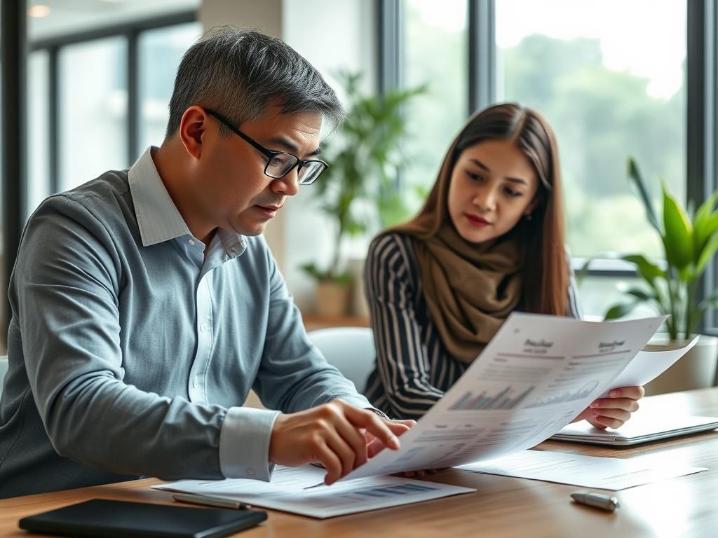 A close-up shot of a professional consultant reviewing financial documents with a business owner. The setting is a modern office with natural light coming through a window, showcasing a clean and organized workspace. The consultant, a middle-aged Asian man, is pointing at a financial report on the table, while the business owner, a young Malay woman, looks engaged and attentive. The background is softly blurred to emphasize the interaction and documents, with a color scheme that includes elements of rgb(50,