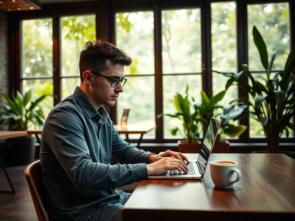 A digital nomad working on a laptop in a cozy, modern café setting. The subject is a young professional, focused on their screen, with a cup of coffee beside them. The background features lush greenery through large windows, creating an inspiring atmosphere. The image should be hyper-realistic, shot with a 45mm f/1.2 lens, emphasizing the nomadic lifestyle and the vibrant environment.